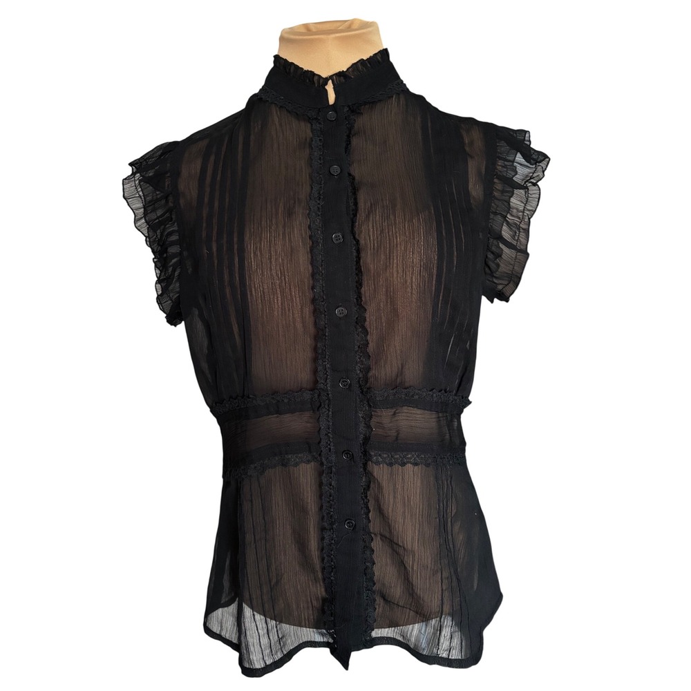 Mandee Black Sheer Lace Trim Peplum Sleeveless Victorian Blouse Top Jr Large